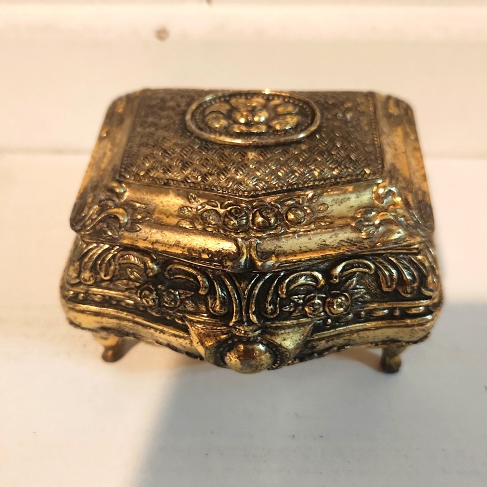 Vintage Gold Ornate Floral Trinket Box-Jewelry Red Velvet Interior - Timeless